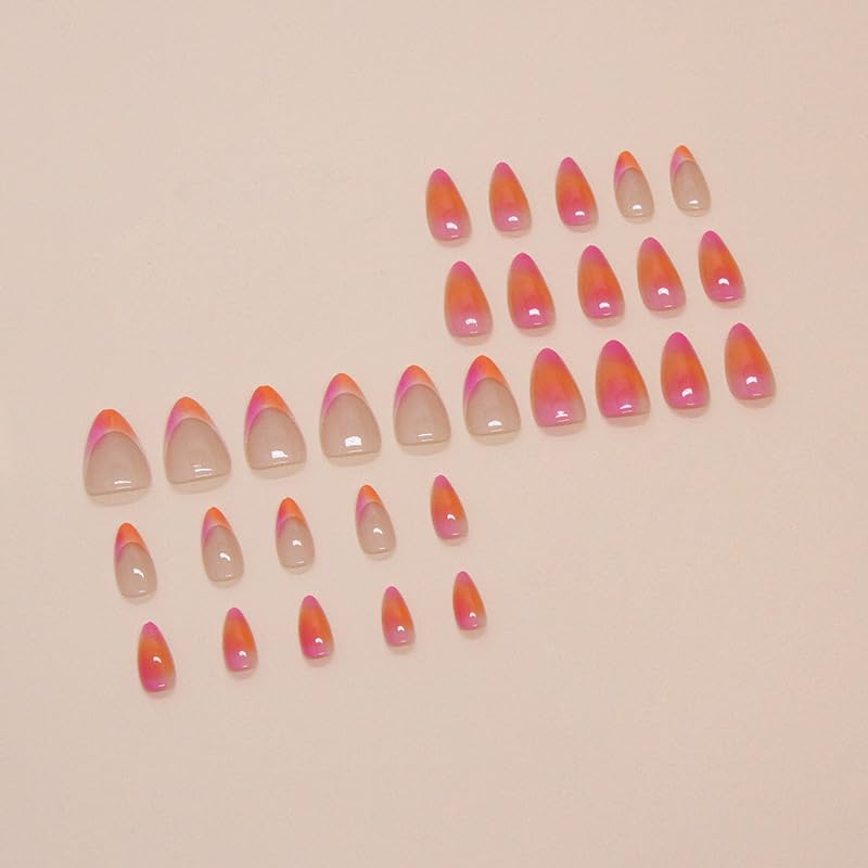 TOGZOM Almond Press On Nails Short Ombre Fake Nails Pink Orange Gradation Nails Press Ons French Acrylic False Nails With Artificial Glossy Designs Full Cover Glue On Nails For Women Girls - Image 3